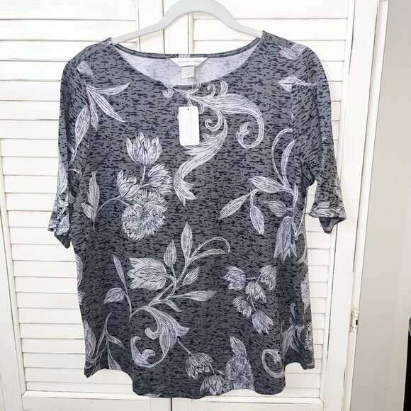 NWT Christopher & Banks T Shirt Womens Gray Black Floral Short Sleeve Large - Picture 1 of 4